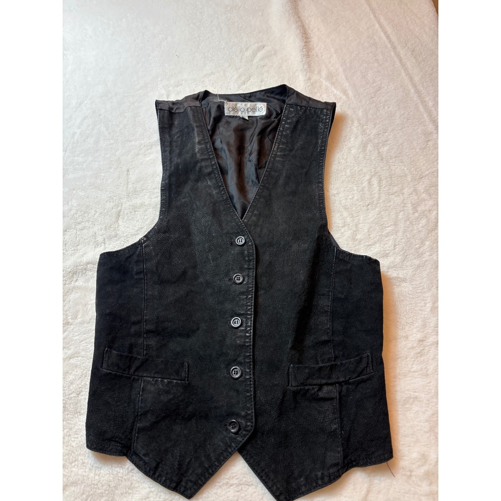Otello Pelle Vintage Black Leather Vest Button Front Cinch Back RN 30216 Medium